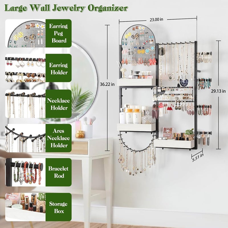 Keebofly Wall Mount Hanging Jewelry Organizer - Large Display Holder for Earrings, Rings, Necklaces, Bracelets, Watches and Perfume - White - Image 3